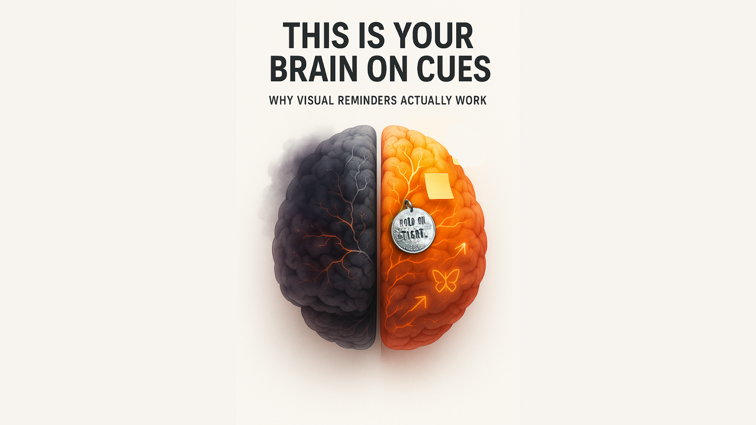 Illustration of a human brain divided in half, showing the contrast between distraction and clarity—highlighting how visual cues like sticky notes and coins activate mindset change.