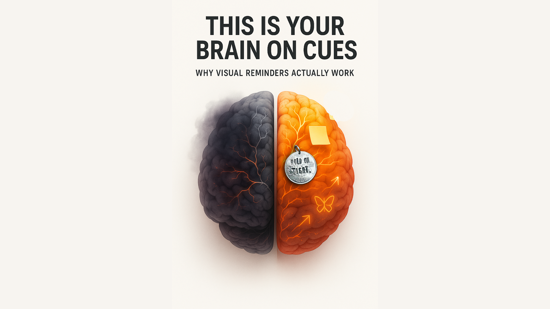 Illustration of a human brain divided in half, showing the contrast between distraction and clarity—highlighting how visual cues like sticky notes and coins activate mindset change.